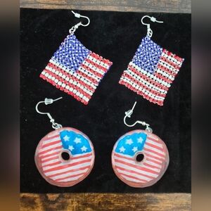 Patriotic American Flag Beaded and Donut Dangle Earrings - Red, White & Blue